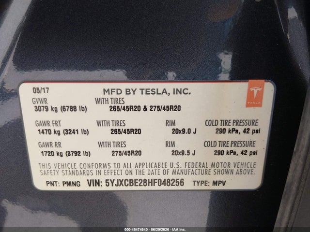 Продаж на аукціоні авто 2017 Tesla Model X 100d/75d/90d, vin: 5YJXCBE28HF048256, номер лоту: 45474940