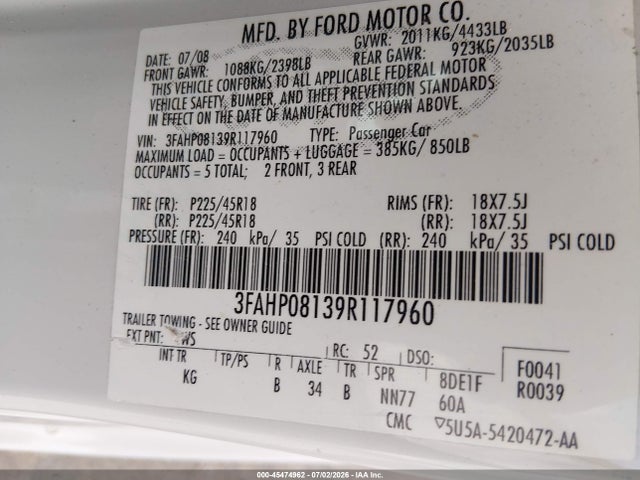 45474962 :رقم المزاد ، 3FAHP08139R117960 vin ، 2009 Ford Fusion Sel مزاد بيع