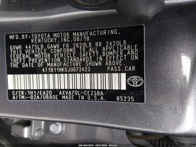 Toyota CAMRY SE 2018 4T1B11HK0JU672423 Image 9