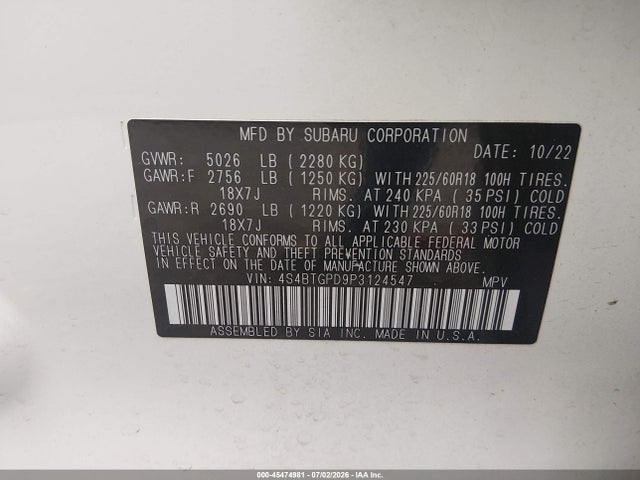 Продажа на аукционе авто 2023 Subaru Outback Touring Xt, vin: 4S4BTGPD9P3124547, номер лота: 45474981