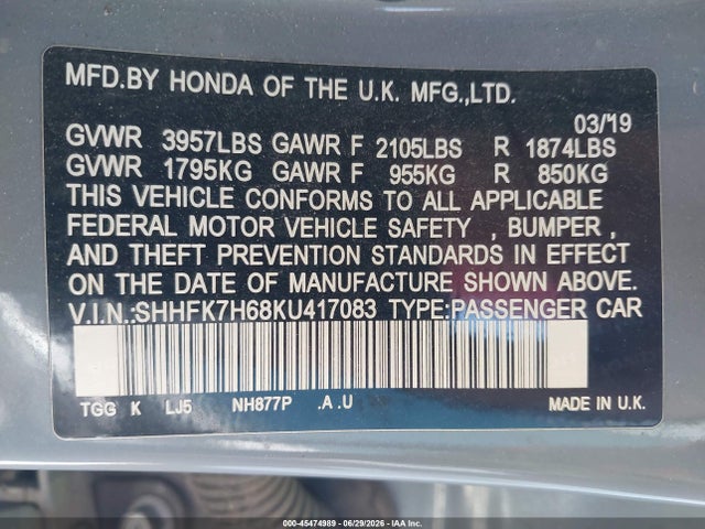 Honda CIVIC EX 2019 SHHFK7H68KU417083 Image 9