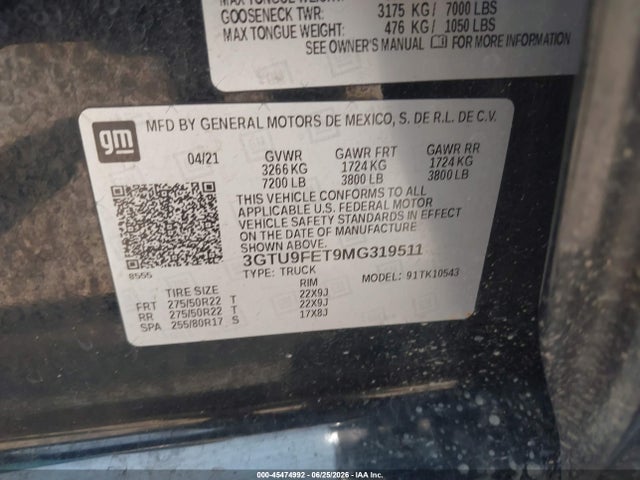 Продаж на аукціоні авто 2021 Gmc Sierra 1500 4wd  Short Box Denali, vin: 3GTU9FET9MG319511, номер лоту: 45474992