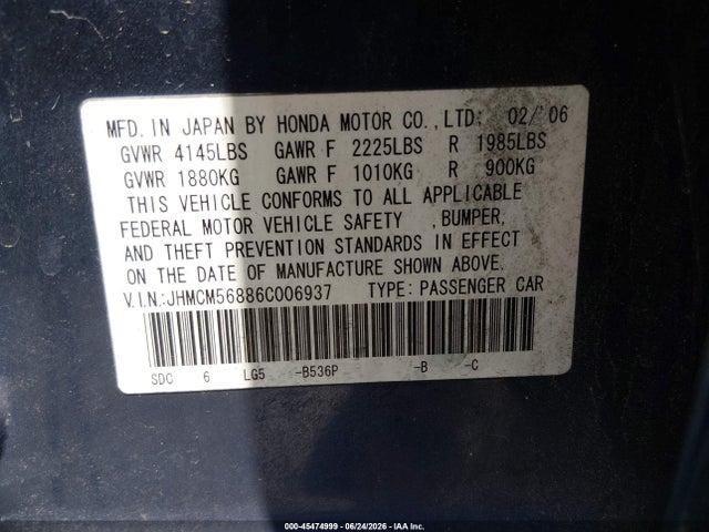 Aukcja sprzedaży 2006 Honda Accord 2.4 Ex, vin: JHMCM56886C006937, numer aukcji: 45474999