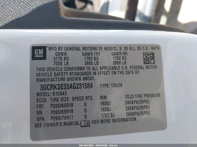 Aukcja sprzedaży 2010 Chevrolet Silverado 1500 Lt, vin: 3GCRKSE33AG231584, numer aukcji: 45475007