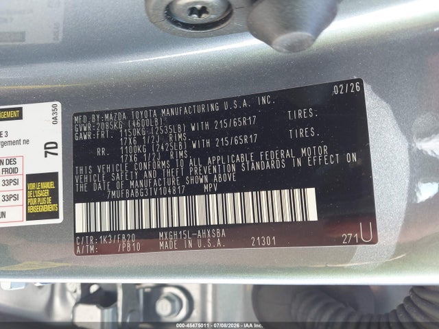 2026 Toyota Corolla Cross Hybrid Se მანქანა იყიდება აუქციონზე, vin: 7MUFBABG3TV104817, აუქციონის ნომერი: 45475011