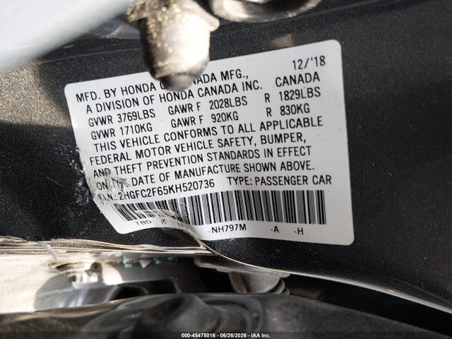 Honda Civic Lx 2019 2HGFC2F65KH520736 Image 9