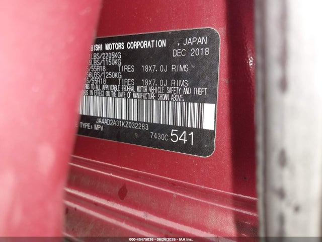 Aukcja sprzedaży 2019 Mitsubishi Outlander Es, vin: JA4AD2A31KZ032283, numer aukcji: 45475036