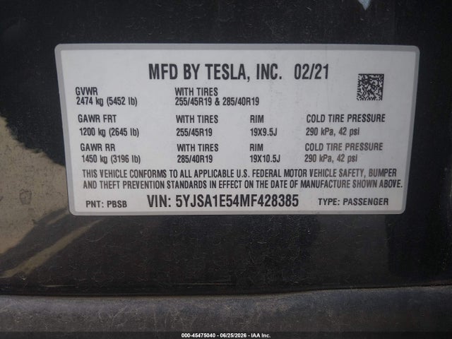 Продаж на аукціоні авто 2021 Tesla Model S Long Range Dual Motor All-wheel Drive, vin: 5YJSA1E54MF428385, номер лоту: 45475040