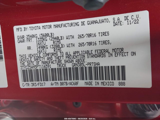 45475063 :رقم المزاد ، 3TYCZ5AN5PT116591 vin ، 2023 Toyota Tacoma Sr V6/sr5 V6/trail Edition/trd Off Road/trd Pro/trd Sport مزاد بيع