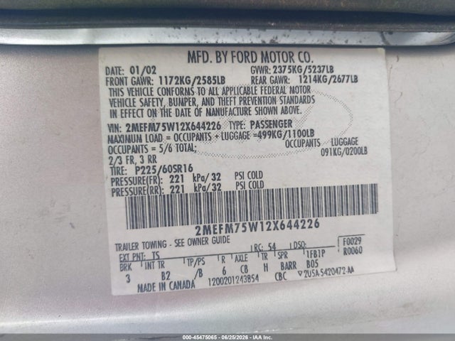 Продаж на аукціоні авто 2002 Mercury Grand Marquis Ls, vin: 2MEFM75W12X644226, номер лоту: 45475065