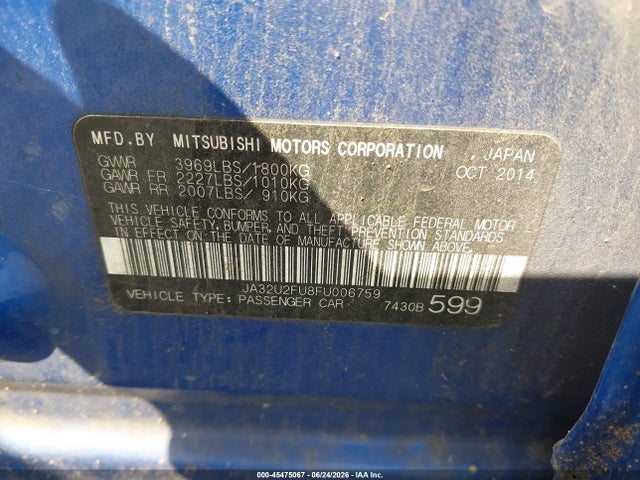 Aukcja sprzedaży 2015 Mitsubishi Lancer Es, vin: JA32U2FU8FU006759, numer aukcji: 45475067