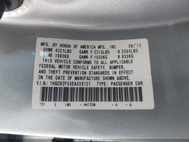 Auction sale of the 2014 Honda Accord Sport, vin: 1HGCR2F55EA009121, lot number: 45475068