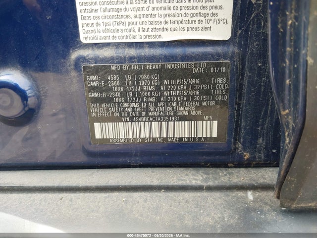 2010 Subaru Outback 2.5i მანქანა იყიდება აუქციონზე, vin: 4S4BRCAC7A3351931, აუქციონის ნომერი: 45475072