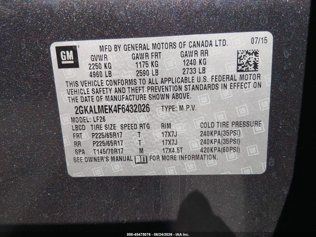 GMC Terrain Sle-1 2015 2GKALMEK4F6432026 Image 9