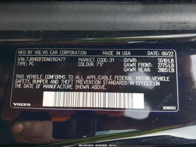 Продажа на аукционе авто 2022 Volvo S60 Recharge Plug-in Hybrid T8 Black Edition R-design Extended Range, vin: 7JRH60FD5NG192477, номер лота: 45475079