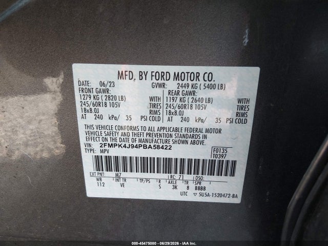 45475080 :رقم المزاد ، 2FMPK4J94PBA58422 vin ، 2023 Ford Edge Sel/st-line مزاد بيع