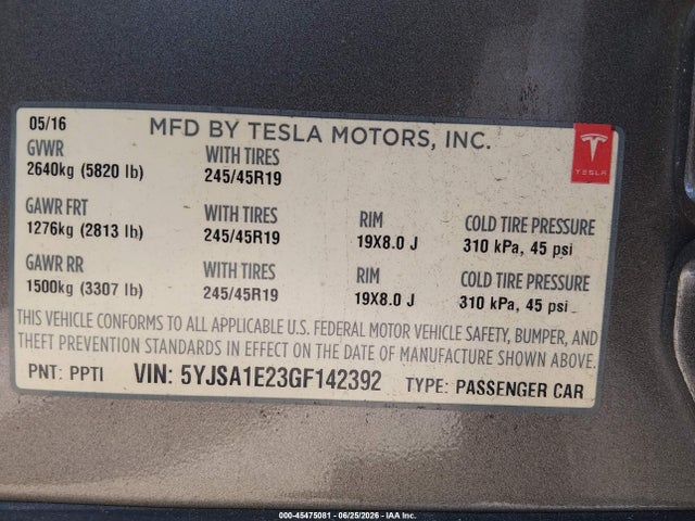 Tesla Model S 60d/70d/75d/85d/90d 2016 5YJSA1E23GF142392 Image 9