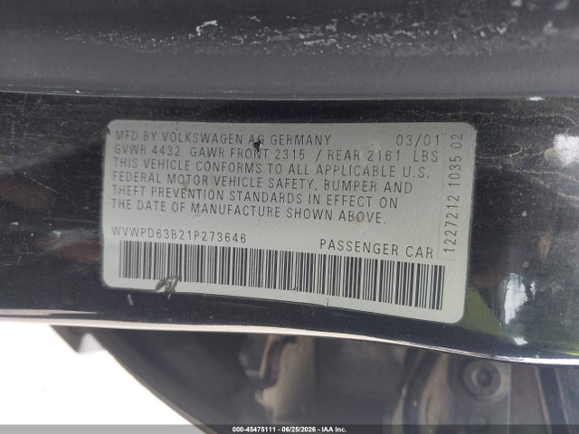 45475111 :رقم المزاد ، WVWPD63B21P273646 vin ، 2001 Volkswagen Passat Gls مزاد بيع