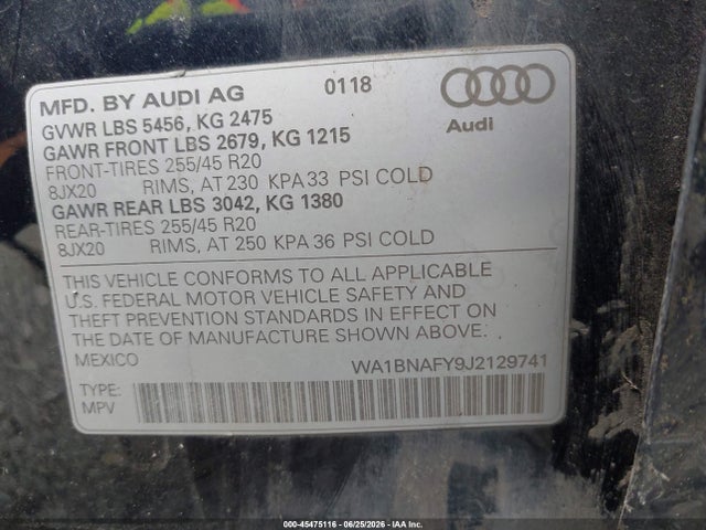 Продаж на аукціоні авто 2018 Audi Q5 2.0t Premium/2.0t Tech Premium, vin: WA1BNAFY9J2129741, номер лоту: 45475116
