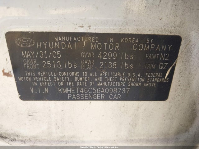 Aukcja sprzedaży 2006 Hyundai Sonata Gl, vin: KMHET46C56A098737, numer aukcji: 45475141