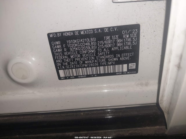 3CZRZ1H72PM728036 Honda Hr-v 2wd Ex-l
