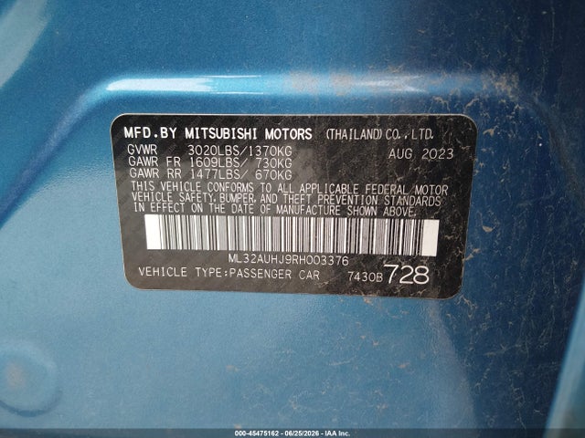 Продажа на аукционе авто 2024 Mitsubishi Mirage Es, vin: ML32AUHJ9RH003376, номер лота: 45475162