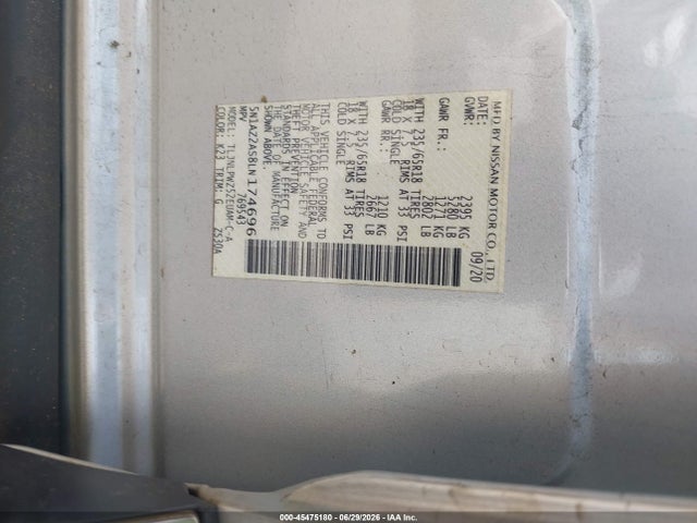 45475180 :رقم المزاد ، 5N1AZ2AS8LN174696 vin ، 2020 Nissan Murano S Intelligent Awd مزاد بيع