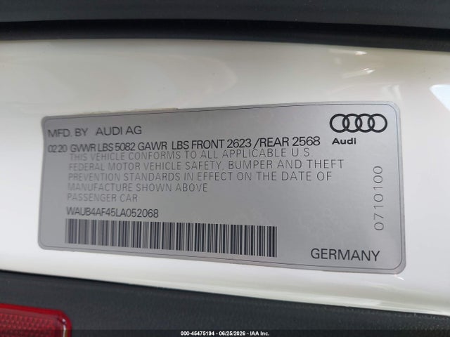 45475194 :رقم المزاد ، WAUB4AF45LA052068 vin ، 2020 Audi S4 Premium Plus Tfsi Quattro Tiptronic مزاد بيع