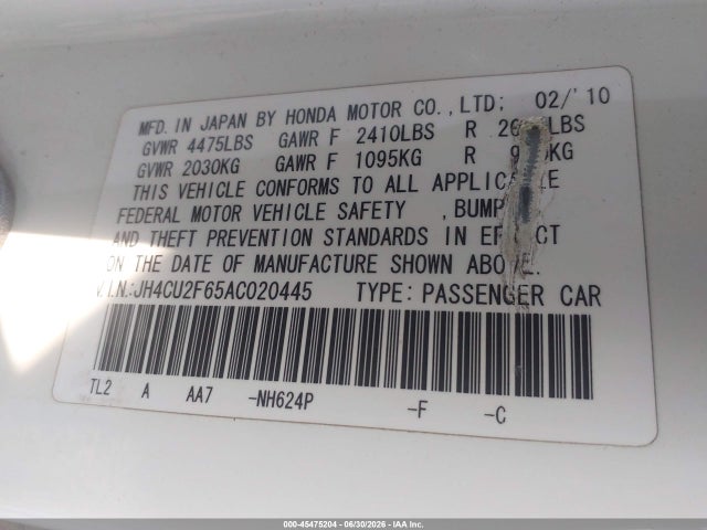 45475204 :رقم المزاد ، JH4CU2F65AC020445 vin ، 2010 Acura Tsx 2.4 مزاد بيع