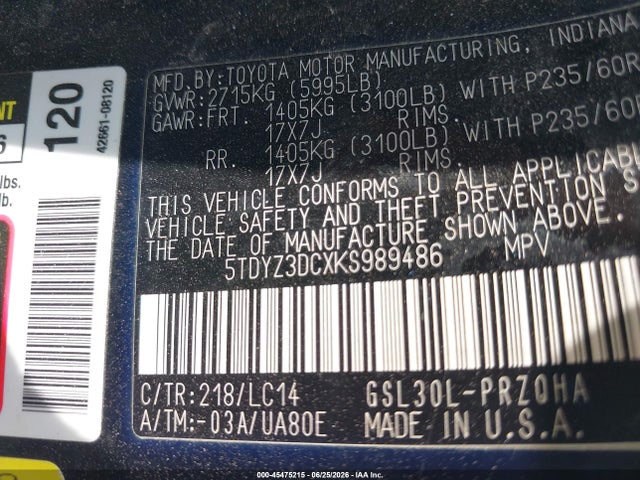 5TDYZ3DCXKS989486 Toyota Sienna Xle 8 Passenger