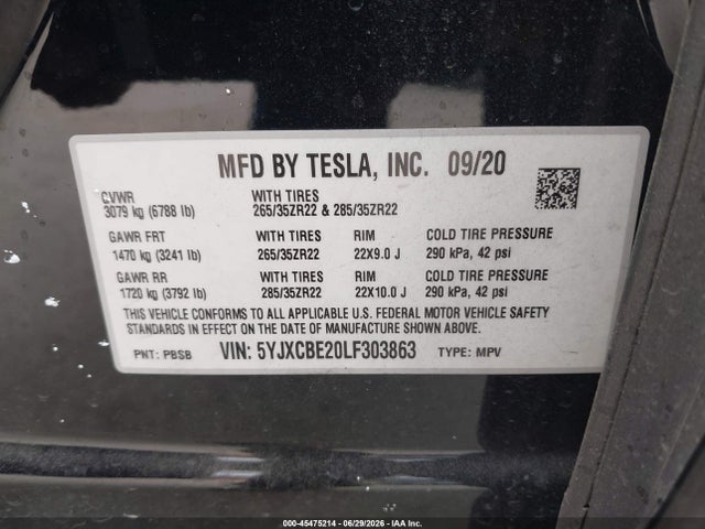 Продаж на аукціоні авто 2020 Tesla Model X Long Range Dual Motor All-wheel Drive/long Range Plus Dual Motor All-wheel Drive, vin: 5YJXCBE20LF303863, номер лоту: 45475214