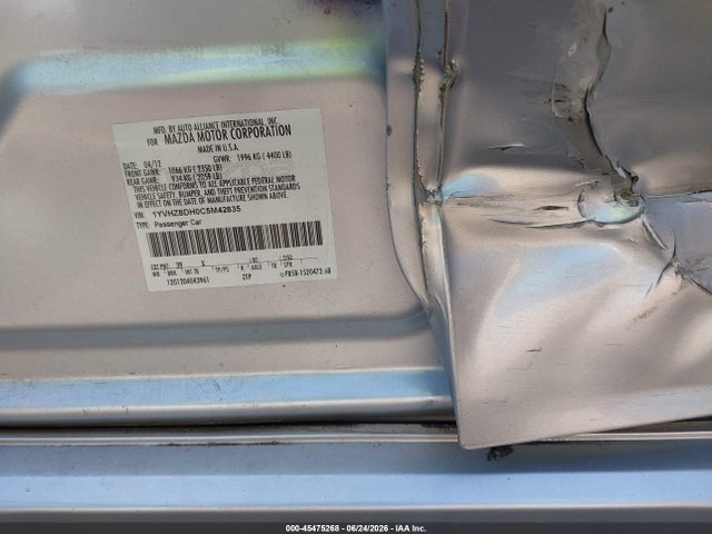 45475268 :رقم المزاد ، 1YVHZ8DH0C5M42835 vin ، 2012 Mazda Mazda6 مزاد بيع