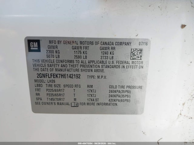 2017 Chevrolet Equinox Lt მანქანა იყიდება აუქციონზე, vin: 2GNFLFEK7H6142192, აუქციონის ნომერი: 45475354