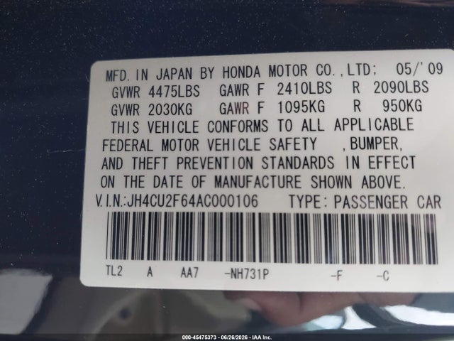 Продажа на аукционе авто 2010 Acura Tsx 2.4, vin: JH4CU2F64AC000106, номер лота: 45475373