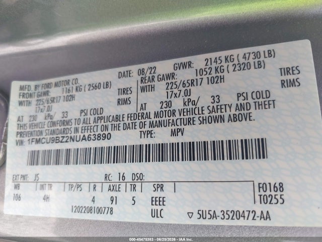 2022 Ford Escape Se Hybrid მანქანა იყიდება აუქციონზე, vin: 1FMCU9BZ2NUA63890, აუქციონის ნომერი: 45475383