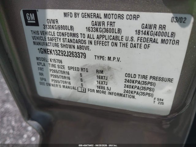 Продажа на аукционе авто 2002 Chevrolet Tahoe Lt, vin: 1GNEK13Z92J263379, номер лота: 45475402