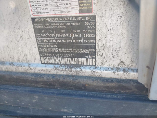 Auction sale of the 2008 Mercedes-benz M-class 3.5l, vin: 4JGBB86E18A430240, lot number: 45475429
