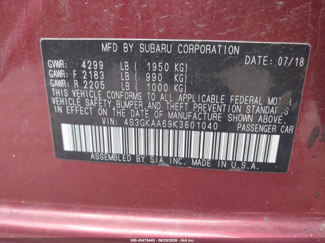 Subaru Impreza 2.0i 2019 4S3GKAA69K3601040 Image 9
