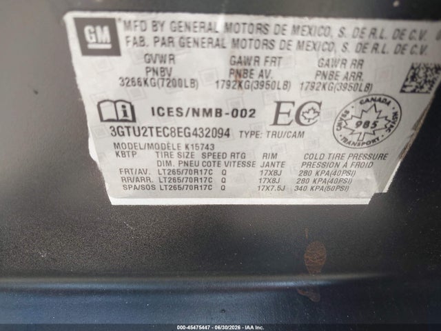 Продажа на аукционе авто 2014 Gmc Sierra 1500, vin: 3GTU2TEC8EG432094, номер лота: 45475447