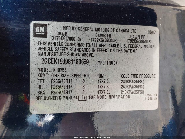 45475457 :رقم المزاد ، 2GCEK19J981180659 vin ، 2008 Chevrolet Silverado 1500 Lt1 مزاد بيع