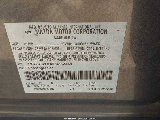 Aukcja sprzedaży 2009 Mazda Mazda6 I Sport, vin: 1YVHP81A495M32461, numer aukcji: 45475485