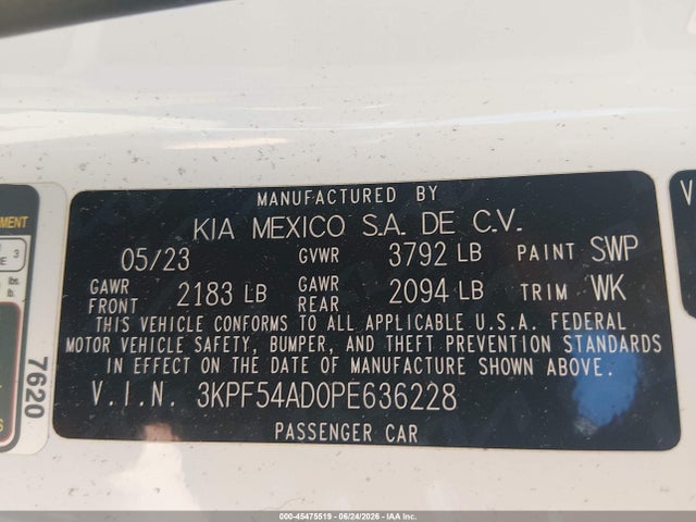 Aukcja sprzedaży 2023 Kia Forte Gt-line, vin: 3KPF54AD0PE636228, numer aukcji: 45475519