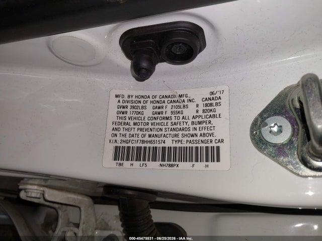 45475531 :رقم المزاد ، 2HGFC1F78HH651574 vin ، 2017 Honda Civic Ex-l مزاد بيع