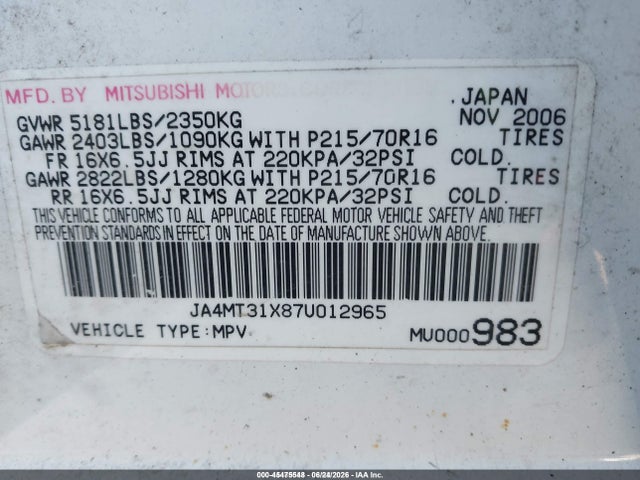Aukcja sprzedaży 2007 Mitsubishi Outlander Ls, vin: JA4MT31X87U012965, numer aukcji: 45475548