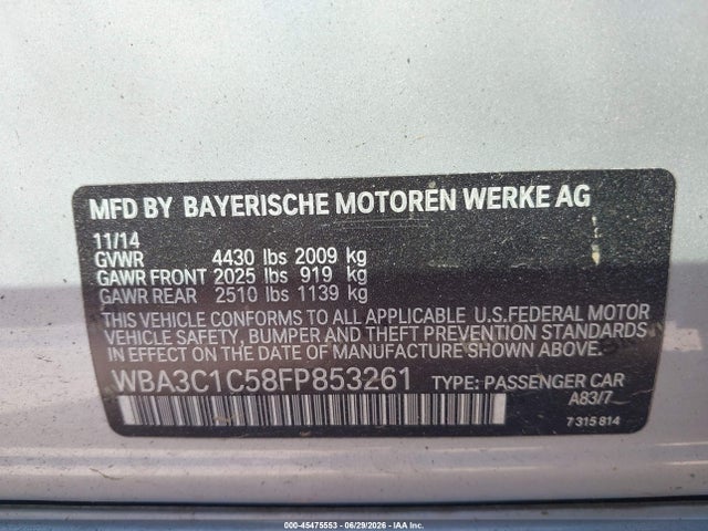 45475553 :رقم المزاد ، WBA3C1C58FP853261 vin ، 2015 Bmw 328i مزاد بيع