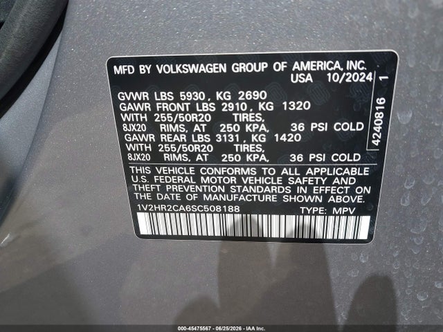 Продаж на аукціоні авто 2025 Volkswagen Atlas 2.0t Se W/technology, vin: 1V2HR2CA6SC508188, номер лоту: 45475567