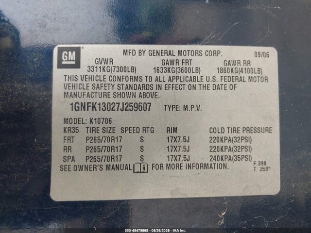 Aukcja sprzedaży 2007 Chevrolet Tahoe Ls, vin: 1GNFK13027J259607, numer aukcji: 45475568
