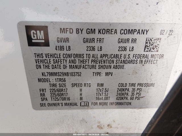 45475571 :رقم المزاد ، KL79MMS29NB103752 vin ، 2022 Chevrolet Trailblazer Fwd Ls مزاد بيع