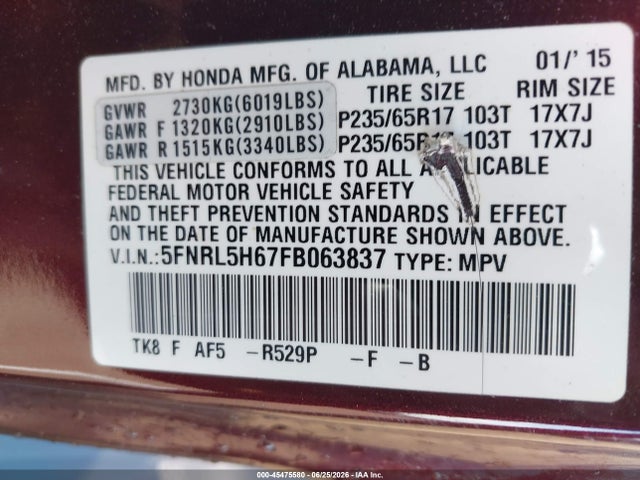 Honda Odyssey Ex-l 2015 5FNRL5H67FB063837 Image 9