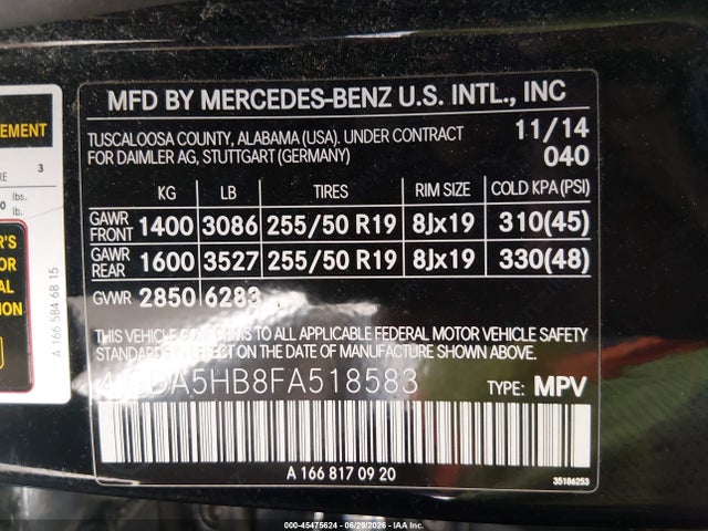 Aukcja sprzedaży 2015 Mercedes-benz Ml 350 4matic, vin: 4JGDA5HB8FA518583, numer aukcji: 45475624
